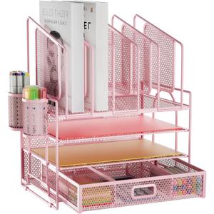Marbrasse Desk Organizers, 4-Tier Mesh Desk File Organizer with 5 Vertical File Holders and 2 Pen Holders, Multifunction Desktop Organizer,Desk Organizers and Accessories for Home Office (Pink)
