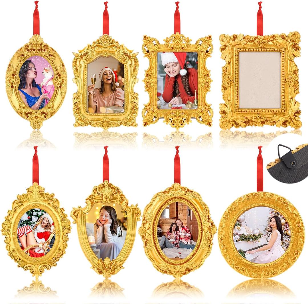 8 Pcs Mini Picture Frame Ornament for Christmas Tree Gold Vintage Photo Frames Antique Resin Oval Rectangle Tiny Ornamental with Hook and Ribbon for Xmas Tree Wall Decor(Fashion)
