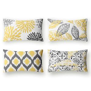 Phantoscope Set of 4 New Living Series Leaf Geometric Throw Decorative Pillow Cover Cushion Cover, Yellow and Grey, 12 x 20 inches, 30 x 50 cm