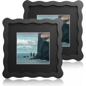6x6 Wavy Picture Frame With Mat For 4x4, Wavy Edge Wooden Picture Frame with Real Glass - Wall Mount and Tabletop Display, Black, 2 Pack