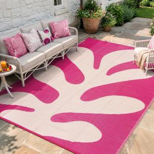 Wonnitar Abstract Outdoor Rug 9x12, Modern Coral Waterproof Reversible Plastic Straw Rug for Patio, Foldable Lightweight Outside Carpet for Deck, Balcony, RV, Beach, Pink
