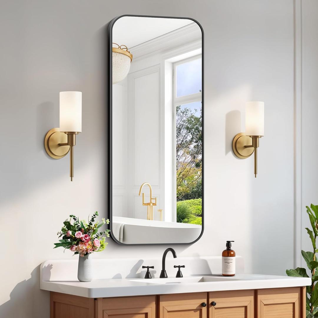 Bathroom Mirror 20" x 48", Rectangle Black Bathroom Mirror with Black Aluminum Frame Rounded Corner, Wall Mounted Mirror for Bedroom Entryway Living Room