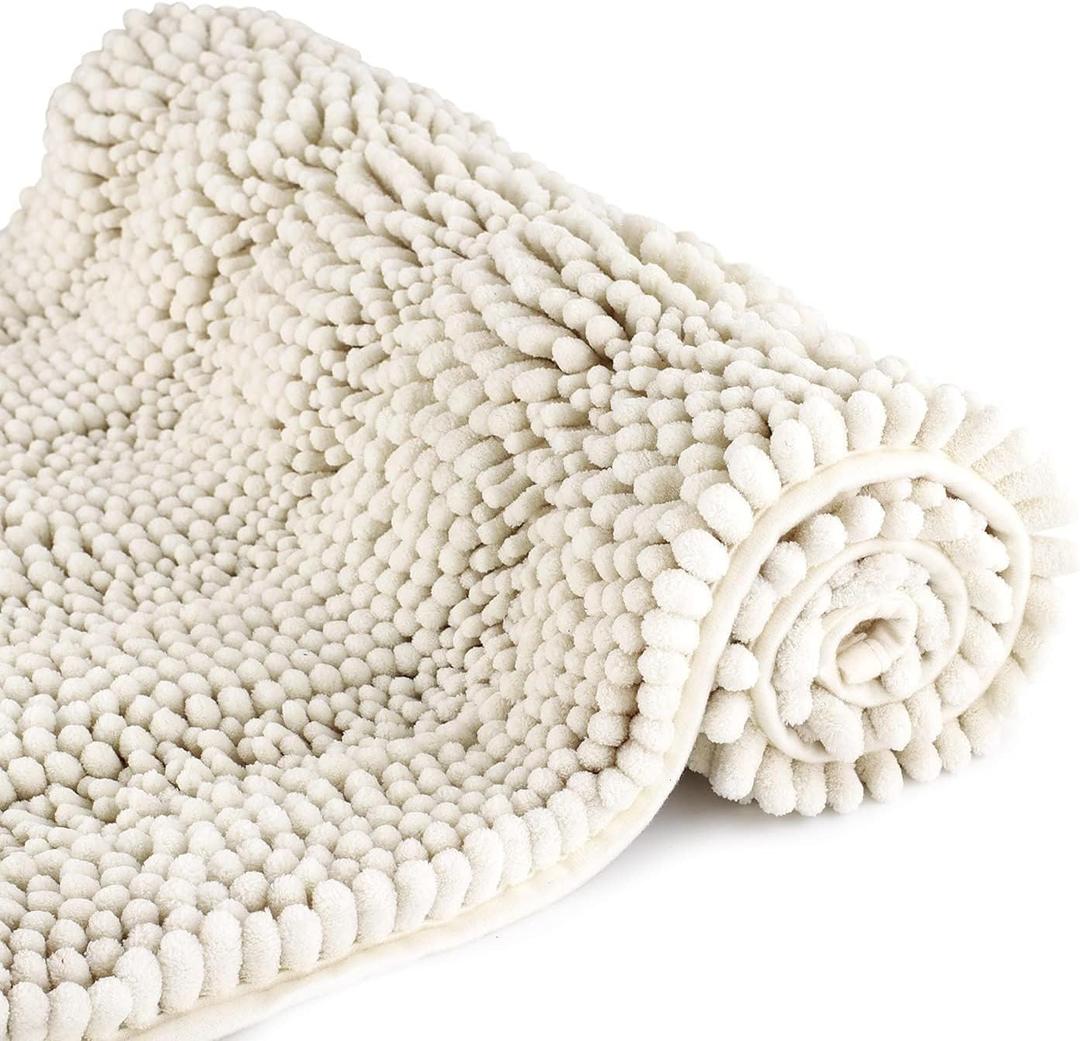 Bath Mat for Bathroom Ultra-Soft Machine Washable Rugs for Shower Room with Non-Slip Backing Shaggy Absorbent Luxury Chenille Bath Rug Perfect for Tub Sink Bedroom Door (16"x47", Ivory White) (16"x47", Ivory White)