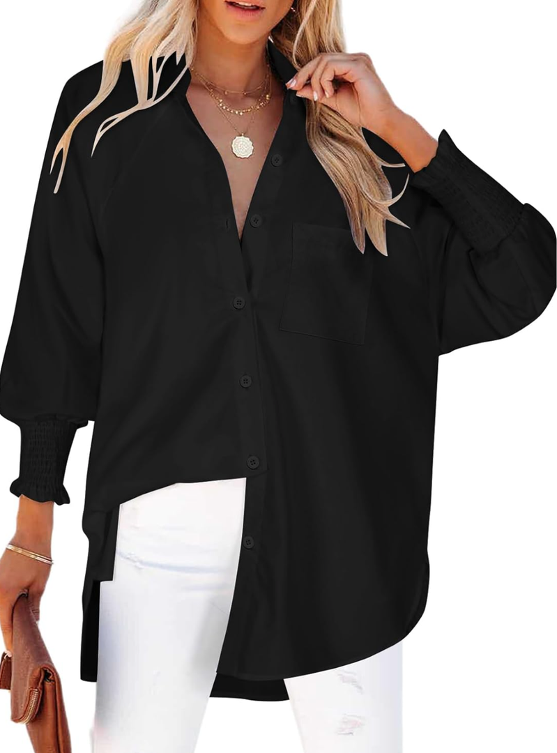 Womens Oversized Button Down Shirts Smocked Cuffed Ruffle Sleeve Boyfriend Blouses Collared Work Casual Top with Pockets 2XL