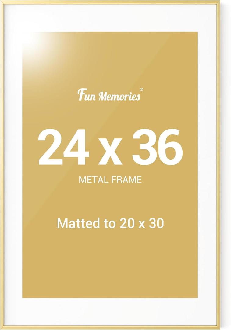 Fun Memories 24"x36" Aluminum Picture Frame, 24 x 36 Metal Poster Frame with Mat for 20"x30" Photo- Vertical and Horizontal Display - Wall Hook Hanging Hardware Included -Set of 1