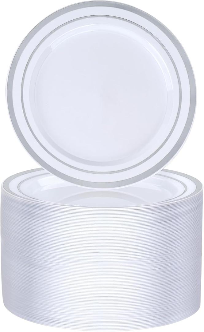 BESTVIP 100PCS 7 Inch Silver Plastic Dessert Plates, Disposable Plate with Silver Rim for Salad/Samll Cakes, Heavy Duty Plates for Party, Wedding and Birthday, Events