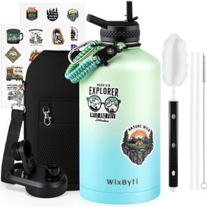 One Gallon Water Bottle Insulated, Triple Wall Vacuum Cold for 48 Hrs & Leak-proof & Non-BPA, 128oz Large Sports Stainless Steel Water Jug with Paracord Handle Straw Spout Lids & DIY Stickers (Green Cyan)