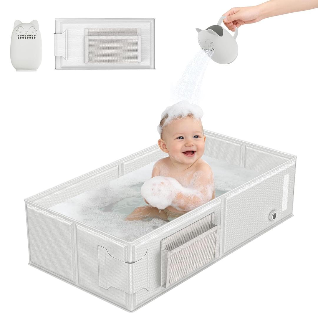 Baby Bathtub, Portable Bathtub with Cat-Patterned Bath Rinse Cup,Foldable Bath Tub for Small Bathroom,Toddler Tub for 6M-5Y,Baby Travel Essentials for Hotel,Camping & Beach (Grey)