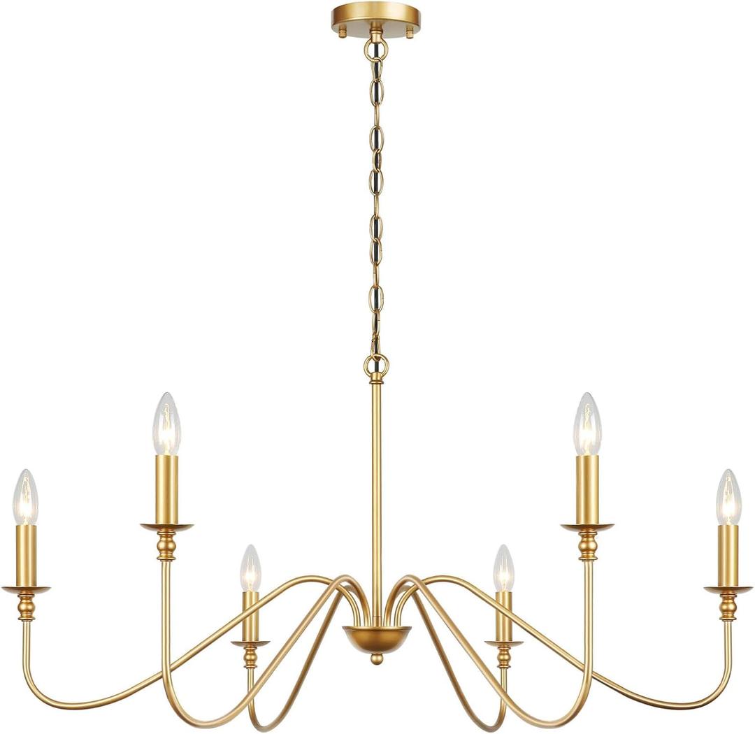 Gold Chandelier 6-Light Modern Brass Farmhouse Chandelier Wrought Iron Classic Candle Ceiling Pendant Light Fixture for Dining Room Living Room Kitchen Island Entry Stairwell, Dia 35"