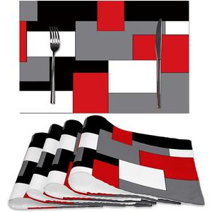 Red Grey Black White Placemats Set of 4,Geometric Square Table Place Mats Waterproof Burlap Washable Dining Placemats for Home Kitchen Decorations (Red Grey Black White, 12" Wx18 L)