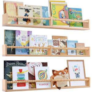 Birola Nursery Book Shelves for Kids Rooms - 32 Inches Floating Wall Bookshelves Set of 3, Space-Saving Nursery Shelves with Beads Design for Kids Room, Bedroom and Study Room (Natural)