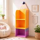 Lounsweer Pencil Classroom Bookshelf Reading Corner 3 Tier Bookcase Storage Shelf for Classroom with Pencil Top Stickers for Nursery Preschool Daycare Furniture Back to School Decor