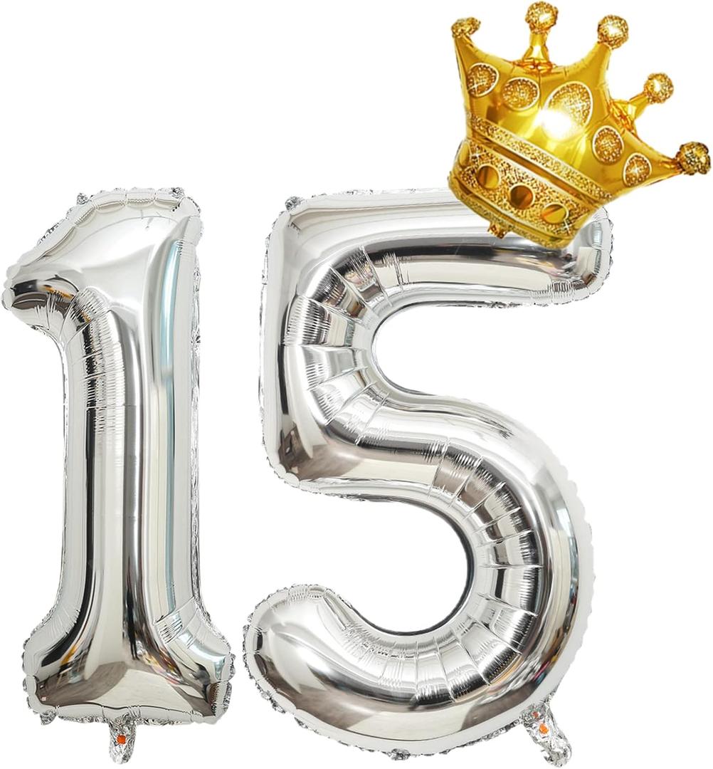 Crown 32 inch Large Happy Birthday Number Foil Balloon Birthday Party Decorations Supplies 15th Birthday Balloons Party Decorations Silver Number balloon 15 with Mini Crown