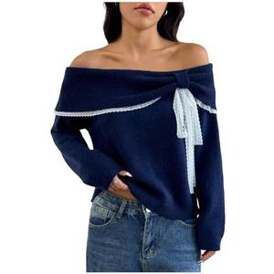 SOLY HUX Women's Off The Shoulder Sweater Pullover Lace Bow Tie Long Sleeve Knit Aesthetic Top, Medium