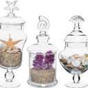 MyGift Clear Glass Apothecary Jars with Lid, Decorative Seashell Design Bathroom Canister, Footed Candy Buffet Containers, Set of 3