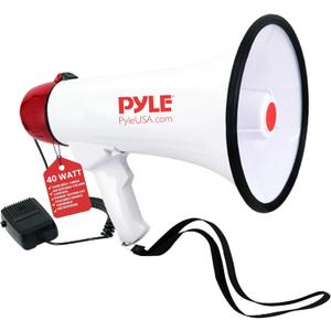 Pyle 40 Watt Professional Megaphone Clear Sound & Ergonomic Grip - Multi-Function with Talk, Siren, Volume Control - Detachable Handheld Mic - Indoor & Outdoor Sports, Emergency Response (White)