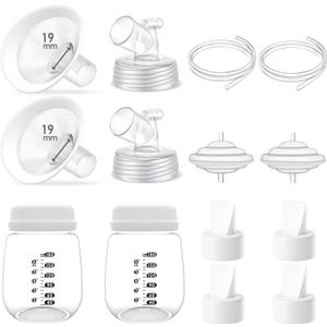 Full Breast Pump Parts with 19mm Oval Soft Rim Flanges and Wide-Mouth Base Connector for Spectra S2 S1 9 Plus SG, Medela, Lansinoh Pumps, Include Flange, Valve, Backflow Protector, Tubing and Bottle