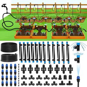 Bonviee 247FT Drip Irrigation System, Automatic Garden Watering System Kit with 50FT 5/16 & 1/4 Drip Tubing, Quick-to-Connect Fittings, Adjustable Drip Emitters for Raised Beds, Greenhouse, Lawn