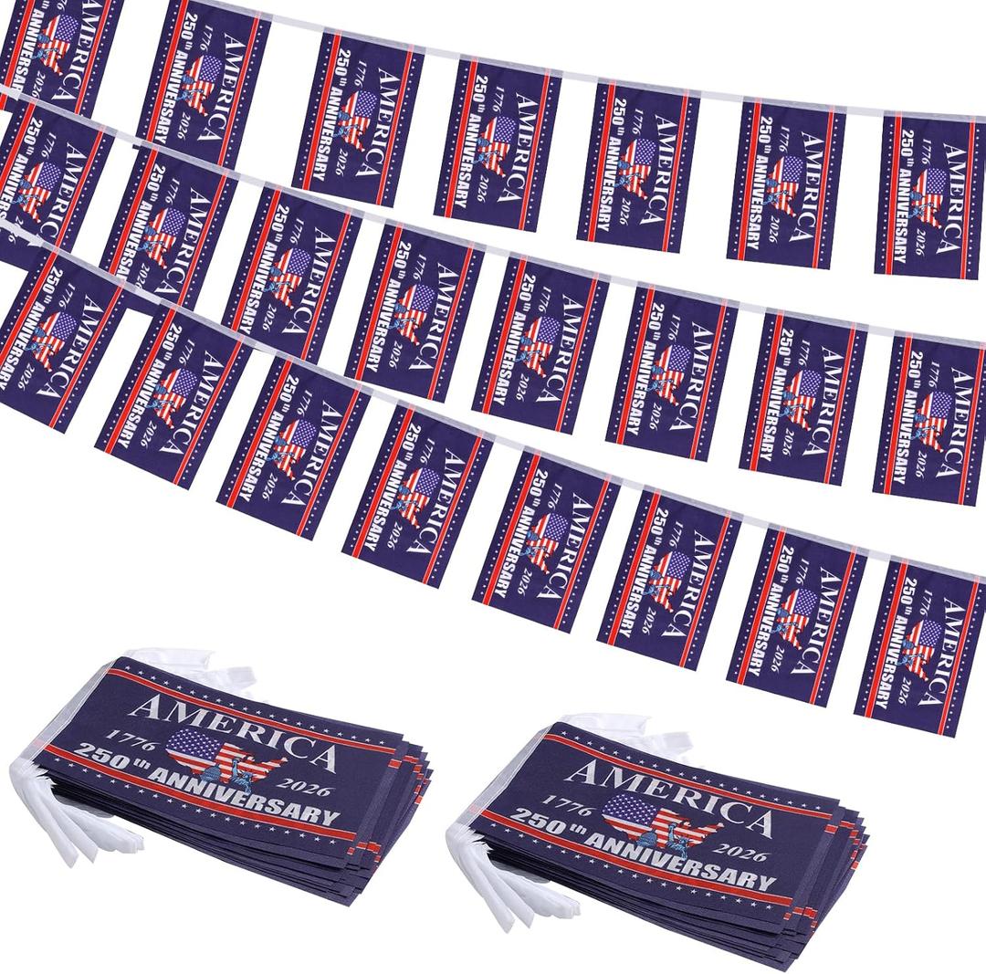 2 Pack USA Anniversary 250th Flag Banner Small Mini American 1776-2026 Bunting Garland Flag Patriotic Decorations for 4th of July Outdoor Front Door Porch Wall66 Feet 60Pcs 5x8Inch