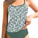 AGAPENG Girls Swimsuit Teen Swimsuits for Girls 12-14 Floral Print Tankini Swimsuit Contrast Trim 2 Piece Bathing Suit for Teen Girl Ruched Swimwear Adjustable Straps Pad Green 13-14 Years