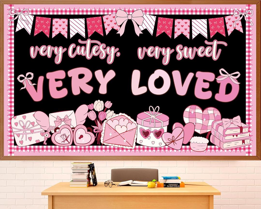 2 x party greeting Valentines Day Bulletin Board Set Valentines Pink Bow Classroom Decorations Pink Theme Very Cutesy Sweet Loved Paper Cutouts Bulletin Board for School Office Home Wall Decor Supplies