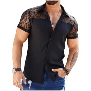 WDIRARA Men's Lace Mesh Button Down Shirts Short Sleeve Collared Party Shirt Summer Tops, M