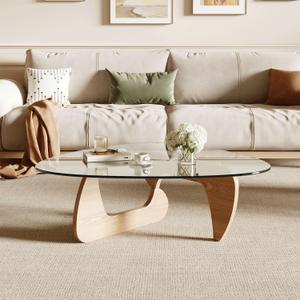 Modern Coffee Table for Living Room and Small Spaces, 43.3" x 29.5" x 15.8" Triangle Tempered Glass Table Top and Eco-Friendly Solid Wood Base, Natural Wood