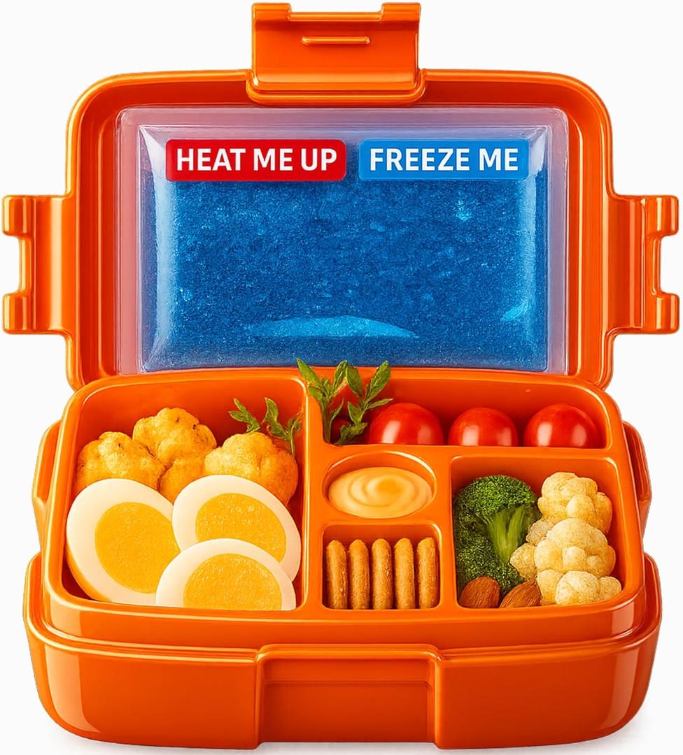 Bento Box with Hot & Ice Packs  5 Leakproof Containers, Insulated Lunch Box for Women, Men, Kids & Toddlers  Heated Thermal Food Warmer  Reusable Snack Boxes for Daycare, School & Meal Prep Thermos (Bright Orange)