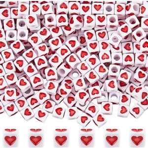 600Pcs Heart Cube Beads Bulk Square Acrylic Bead 7x7mm White Red Love Heart 4mm Large Hole Plastic Pony Beads for Bracelets Making Necklaces Keychains Valentine's Day Jewelry Supplies