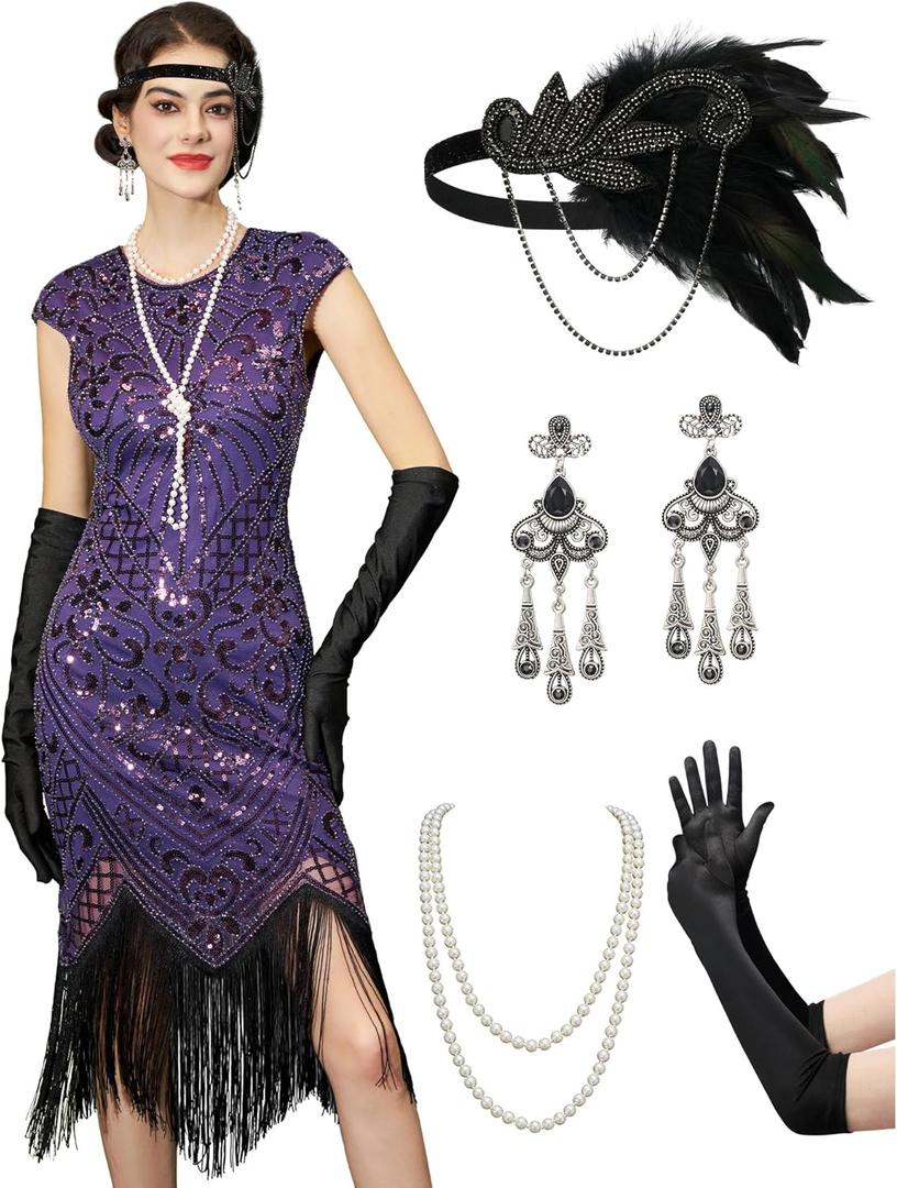 YESSA 1920s Flapper Dresses for Women Great Gatsby Dress Roaring 20s Costumes Sequin Harlem Nights Dress with 20s Accessories (Purple, S)