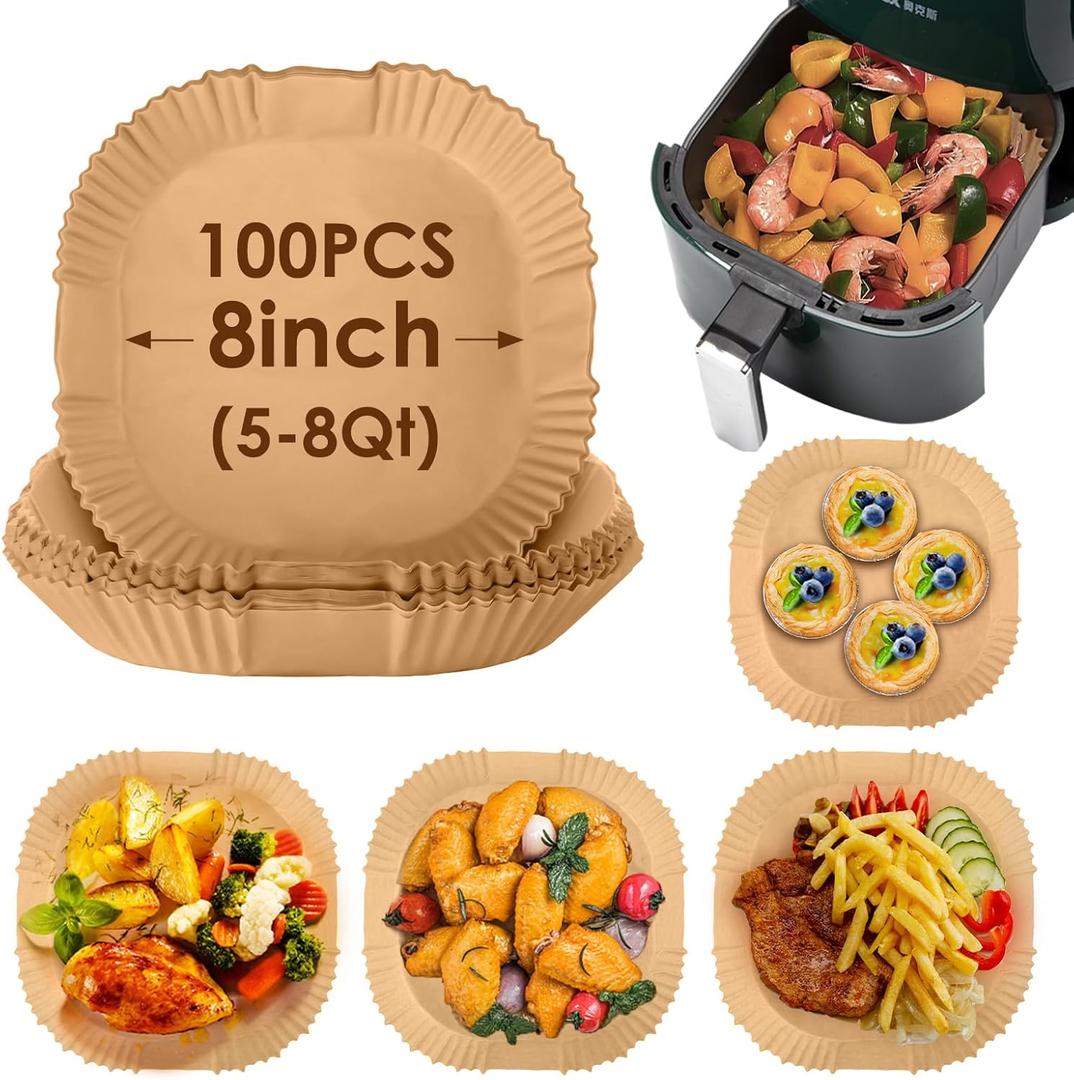 Air Fryer Paper Liners, 100Pcs Non-Stick & Oil Proof Parchment Paper Square, Disposable for 5-8 QT Air Fryer, Unbleached Food Grade Safe, Easy Cleanup for Baking Roasting Microwave (8 inch-Square)​
