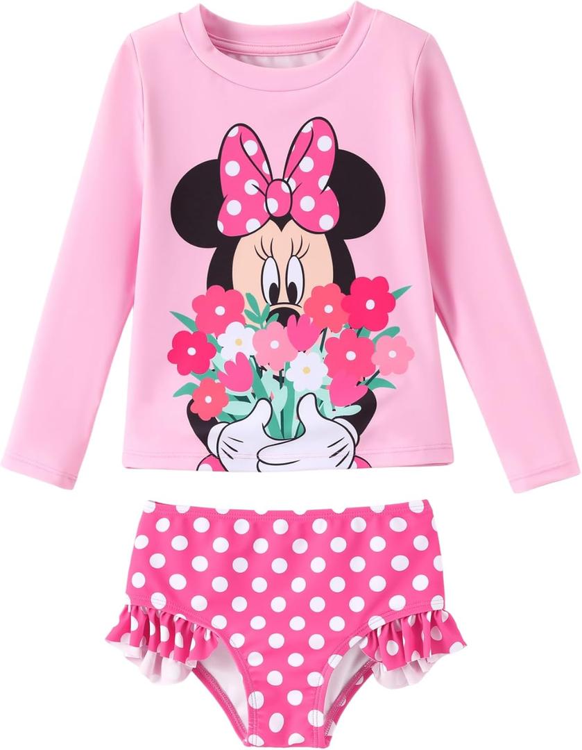 Disney Mickey and Friends Girl Two Piece Long Sleeve Swimsuit Rashguard Bathing Suit (2Y, Pink)