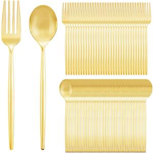SUT 200PCS Heavy Duty Disposable Flatware Set, Gold Plastic Forks and Spoons, Includes 100 Forks, 100 Spoons for Party