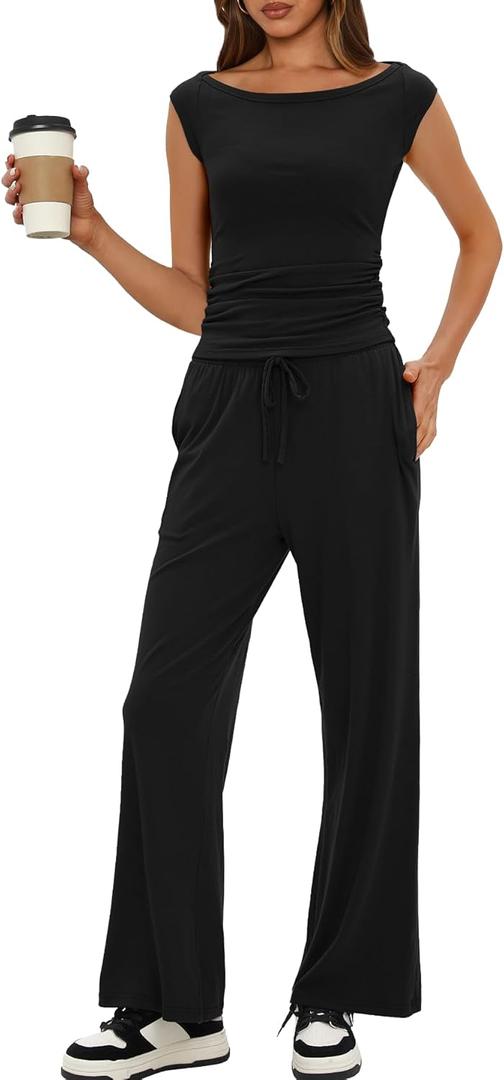 Darong Women 2 Piece Lounge Set Cap Sleeve Boat Neck Top Wide Leg Pants Set Summer Outfit Two Piece Mathing Set (Medium, Black(29" Inseam))