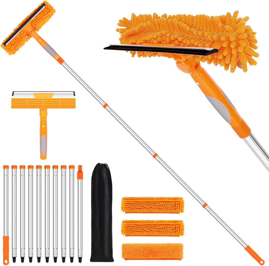 152'' Window Cleaning Kit, 2 in 1 Window Squeegee with Extension Poles, Window Cleaner Tools for Indoor/Outdoor High Window, Car, Glass