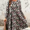 BLANCHES Plus Size Floral Dress for Women Long Sleeves Crew Neck Casual Dresses Empire Waist Swing Cute Tiered Loose A-Line Flowy Dress with Pockets