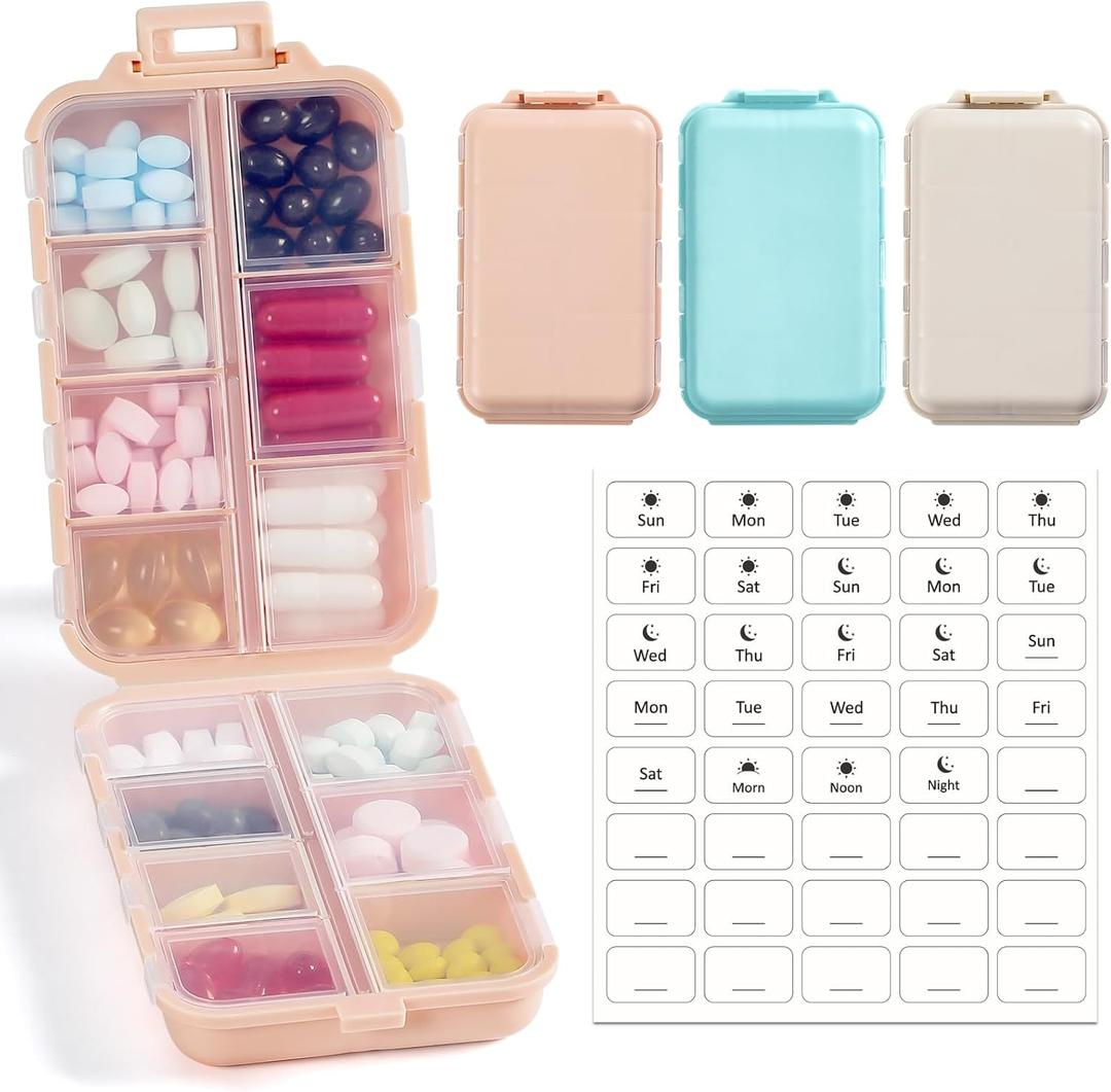 3 Pack, 14 GRIDS Travel Pill Organizer Box with Labels - Travel Medicine Case Kit - Pocket Daily Pharmacy Container - Travel Medication Holder Dispenser for Fish Oil Vitamin Supplement Storage (Khaki+pink+blue)
