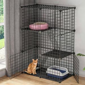 Large 3-Tier Cat Cage, Indoor Cat Enclosures Pliable DIY Cat Playpen, Detachable Metal Wire Kennels Cat Crate House Box with 3 Doors 2 Ramp Ladders for 1-2 Cats, 28.2"L x 14.0"W x 42.1"H,Black