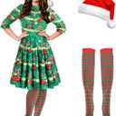 Hillban 3 Pcs Christmas Elf Costume Set Women Short Sleeve Christmas Dress Thigh High Socks Santa Hat (Medium, Candy Tree)