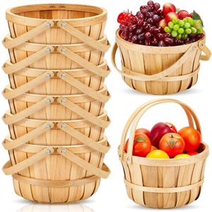 Marsui 6 Pcs Large Wooden Apple Basket 11 x 6.5'' Round Wicker Bushel Baskets with Handle, Farmers Market Basket for Produce, Harvest, Garden Storage, Farmers, Commercial Use, Picnic, Gifting