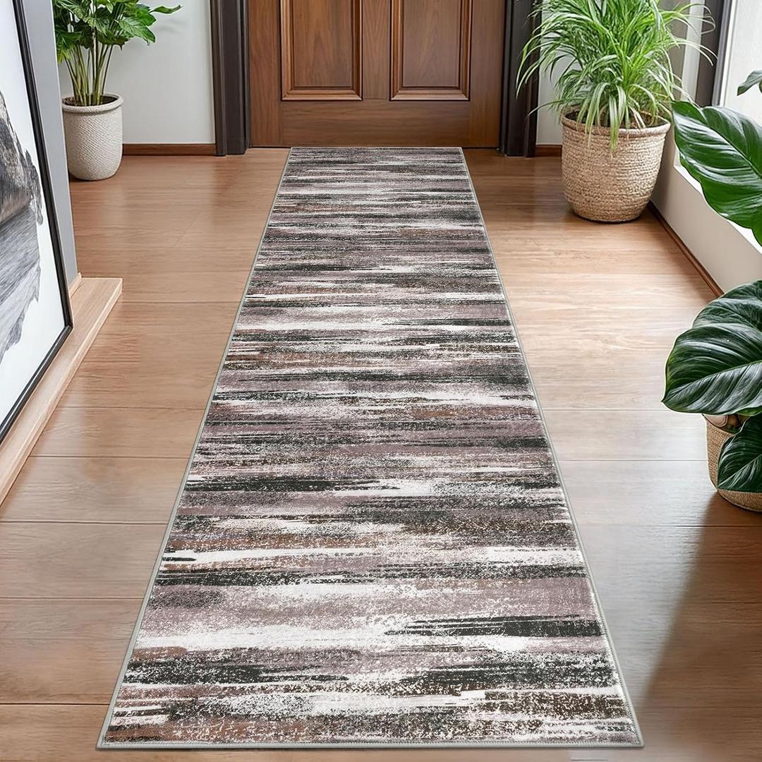 Modern Abstract Hallway Runner Rug, Dark Light Brown White Washable Kitchen Runner Non-Slip Soft 2x8 Runner Rug Thin Print Faux Wool Carpet for Entryway Bedroom Laundry Room Indoor Home Decor