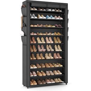 VTRIN Tall Shoe Rack with Cover, 10 Tier Shoe Organizer Storage for 50-55 Pairs Shoes and Boots Large Capacity Shoe Shelf with 8 Pockets Free Standing Shoe Rack for Closet, Entryway, Garage (Black)