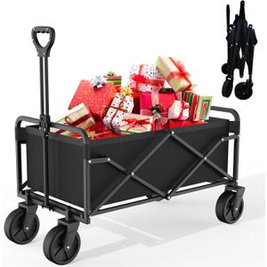 Collapsible Folding Utility Wagon, Foldable Cart with Wheels, Grocery Cart, Apartment and Garden Trolley for Shopping and Beach Outdoor Use (Black)