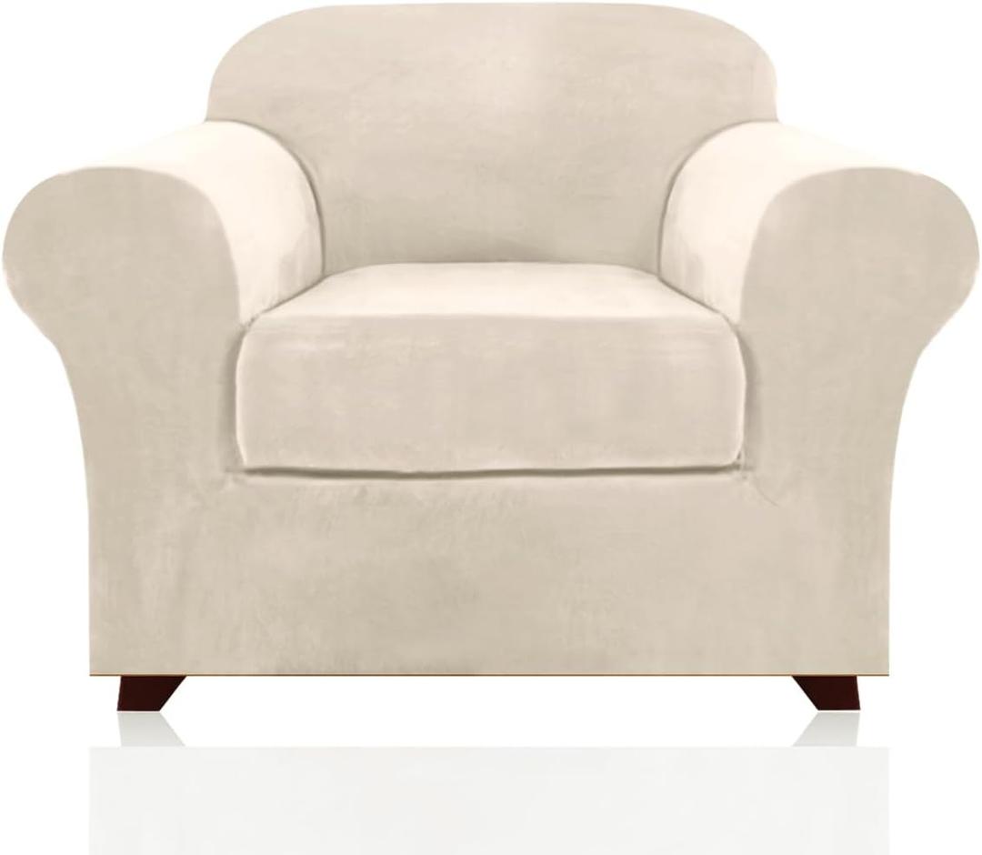 PrinceDeco Velvet Plush Couch Cover Stretch 2 Piece Chair Cover Chair Slipcover Washable Furniture Protector Couch Soft with Elastic Bottom Armchair Cover Width Up to 49 Inch(Small, Ivory)