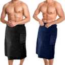 Tudomro 2 Pcs Men's Bath Wrap Towel Large Shower Adjustable Terry Body Spa Towel with Pocket After Shower Wrap for Men Gift Spa College Bath Dorm Room Gym(Black, Navy Blue), L