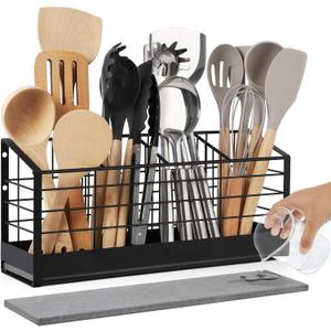 Large Utensil Holder for Kitchen Counter:Kitchen Cooking Utensil Holder Organizer with Diatomaceous Earth Base Matte Black (4 Compartments)