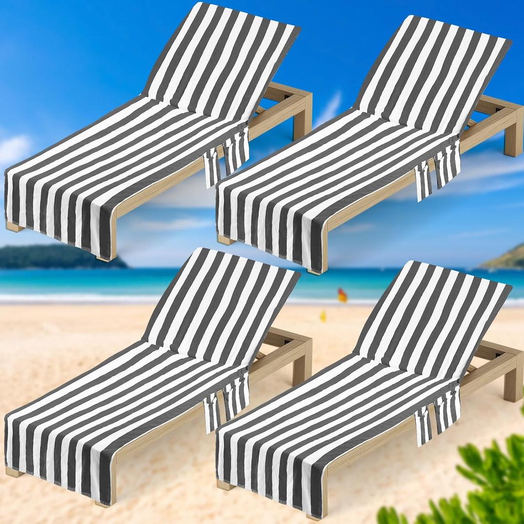 VitalCozy 4 Pack Pure Cotton Pool Chair Covers, Lounge Chair Cushion Covers with Top and Side Pockets Furniture Covers Extra Large Beach Towels for Indoor Outdoor Patio 30 x 85 Inch(Gray) (Grey)