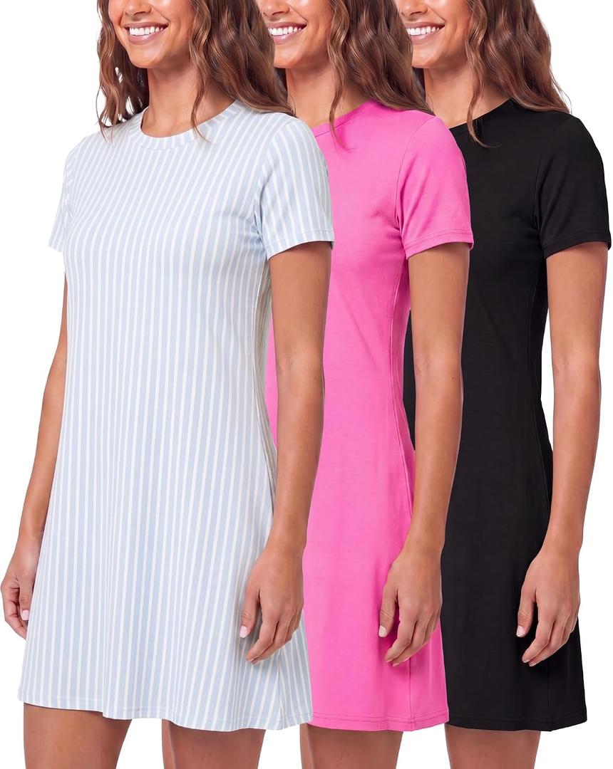 3 Pack Women's T Shirt Dresses Casual Short Sleeve Midi Dress Pockets | Available In Plus Size, Summer, Cute, Vacation, Breathable, Shift, Jersey, Beach, Travel, Work, Swing, Loose, Comfy, Everyday