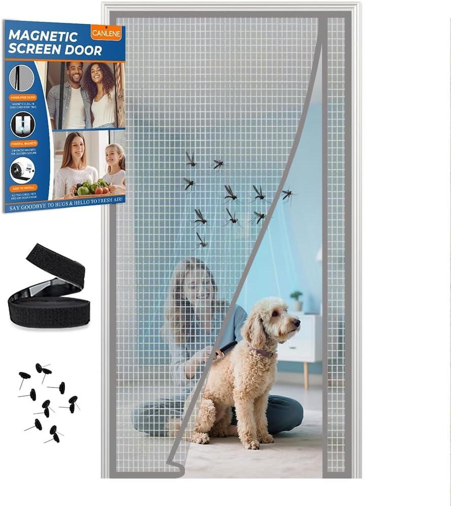 Magnetic Screen Door Left Right Side Opening Polyethylene Terephthalate Mesh Greater Than Fiberglass and Polyester Easy Install (Screen 34"x82", Grey Stripe)