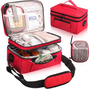 Tesuko Medicine Bag for Traveling with Portable Small Pouch, Double Layer Pill Bottle Organizer Storage Case with Lockable Zippers, Carrying Medication Travel Case with Shoulder Strap (Bag ONLY), Red